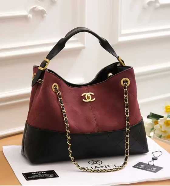 Chanel 25S Burgundy Black Color Leather Hobo Bag first copy