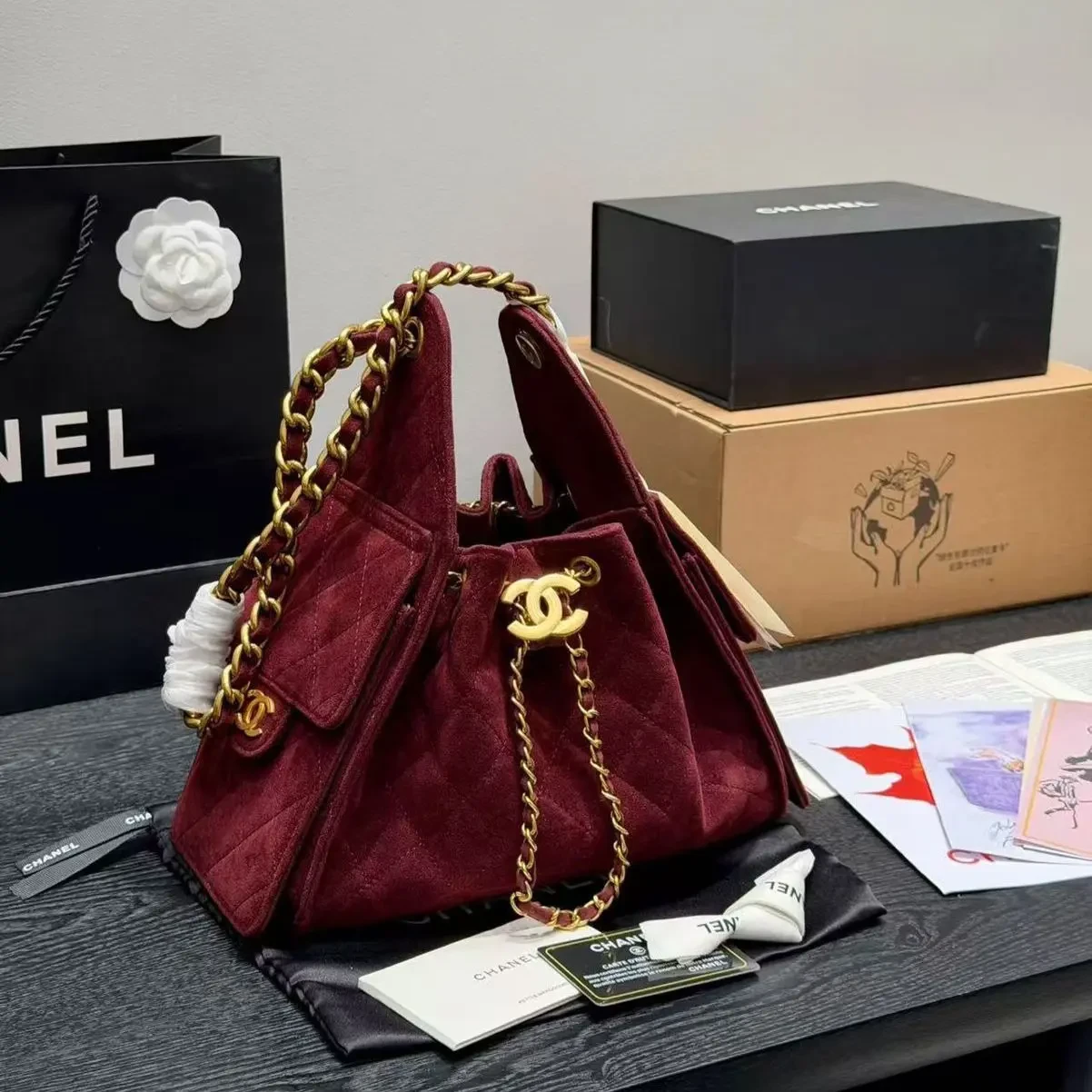 Chanel Iconic 25s Red Color Sued Premium Hobo Bag (With Box)
